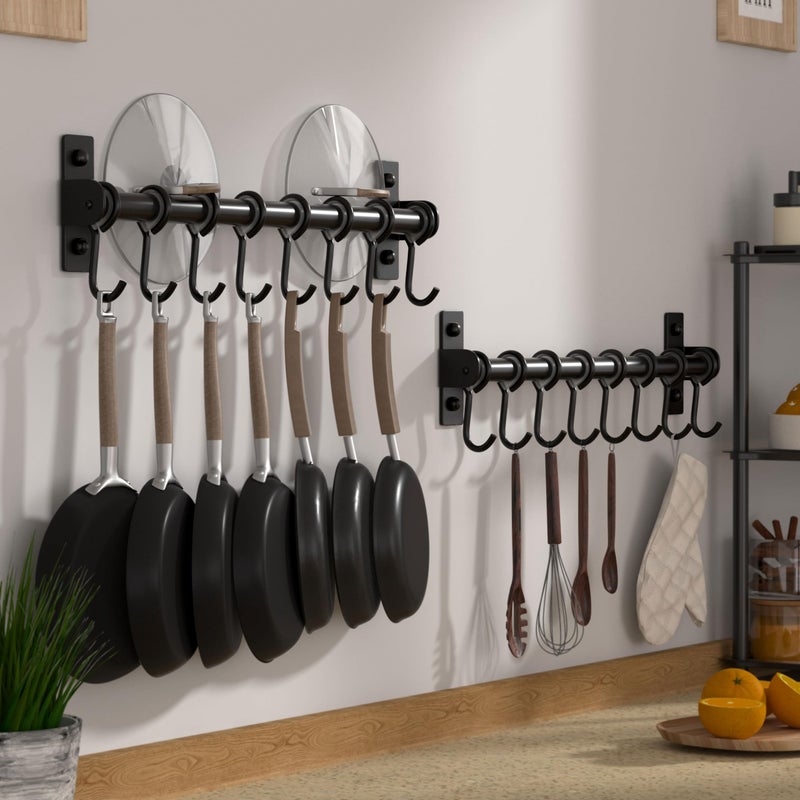 Dseap Kitchen Utensil Holder Hanger, Pot and Pan Rack Wall Mount, Kitchen Rail with 8 Hooks for Hanging Cooking Utensils, Mugs, Spoons, Wall Mounted, Stainless Steel, Black - Image 3